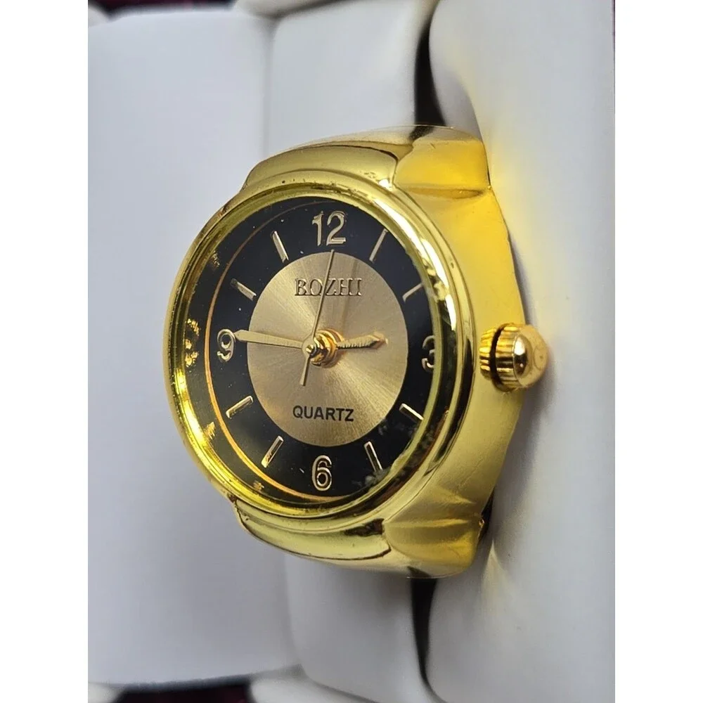Bozhi Gold Tone Quartz Ring Watch Black Dial Adjustable Finger Retro New Battery